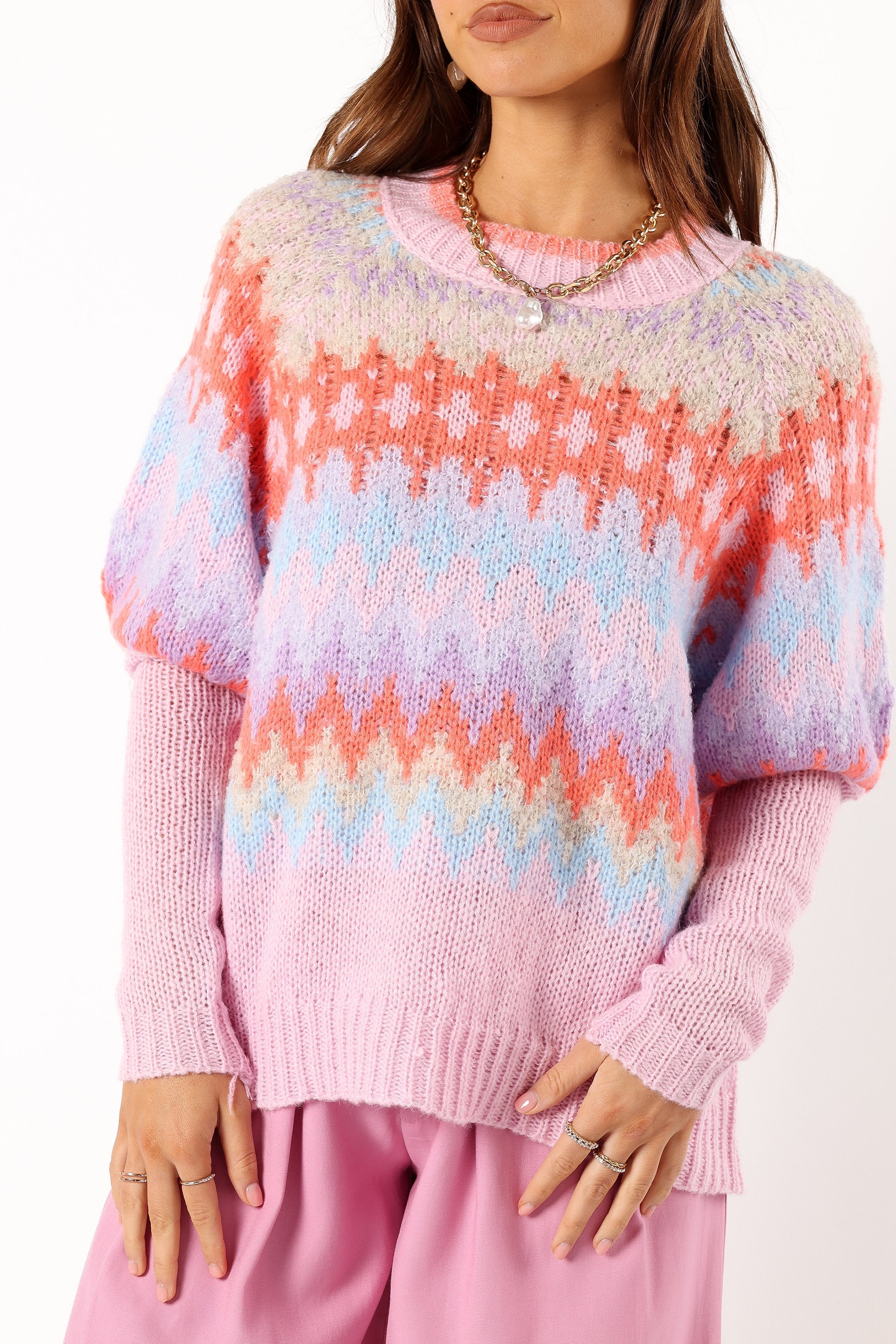 Emerson Fairisle Knit Sweater - Coral Blue-Sunny Prom
