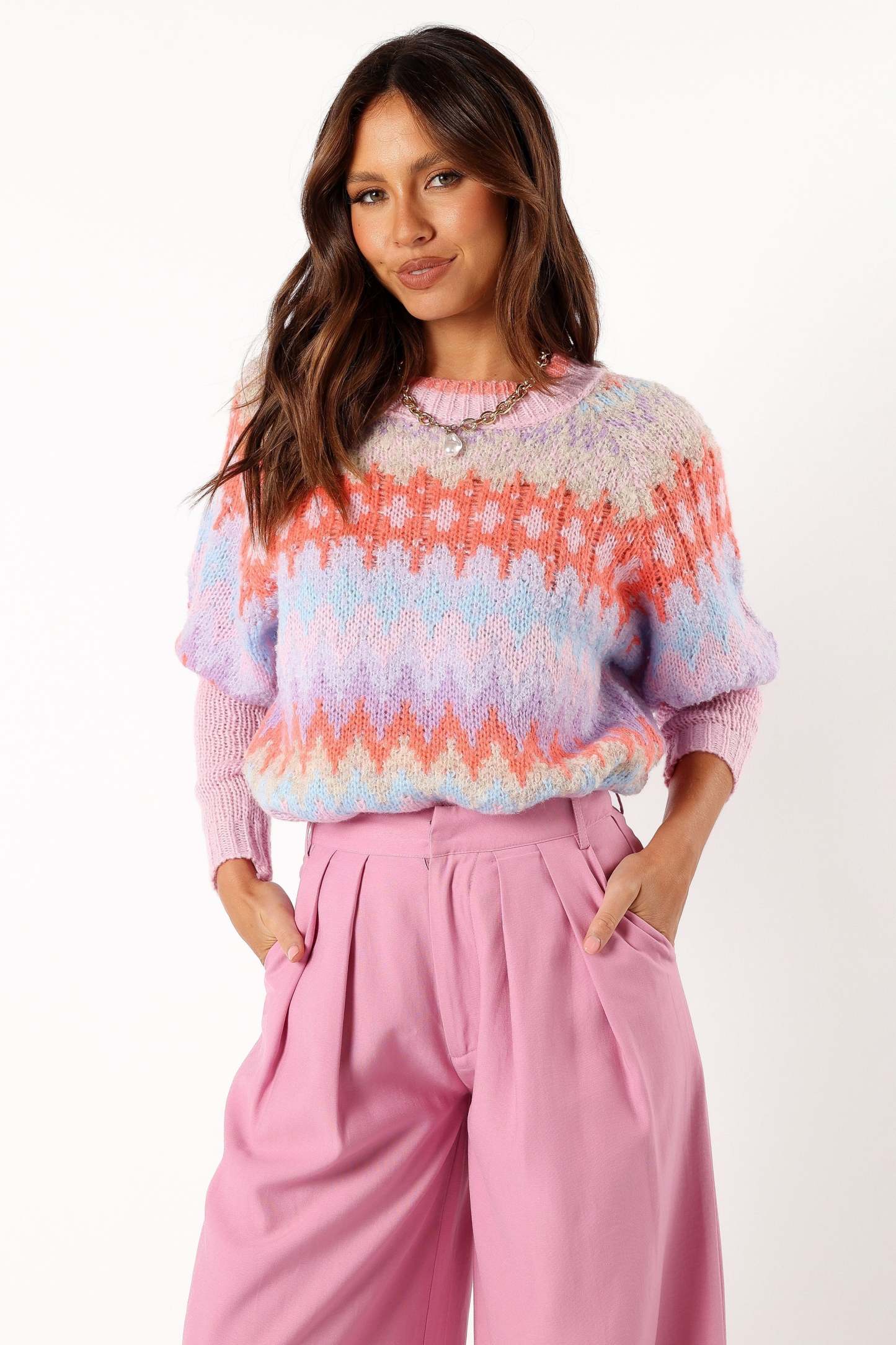 Emerson Fairisle Knit Sweater - Coral Blue-Sunny Prom