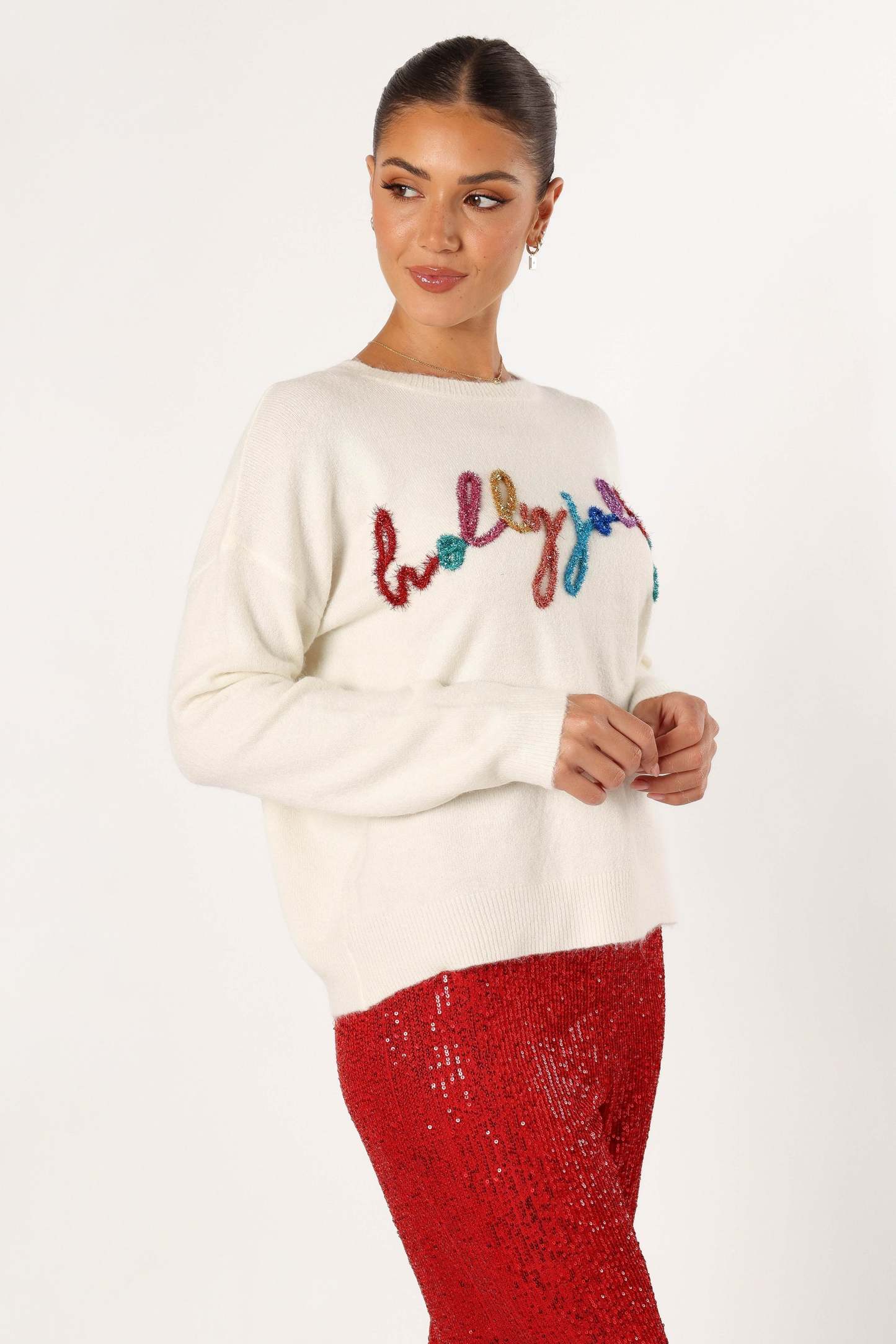 Holly Jolly Embellished Knit Sweater - Cream-Sunny Prom