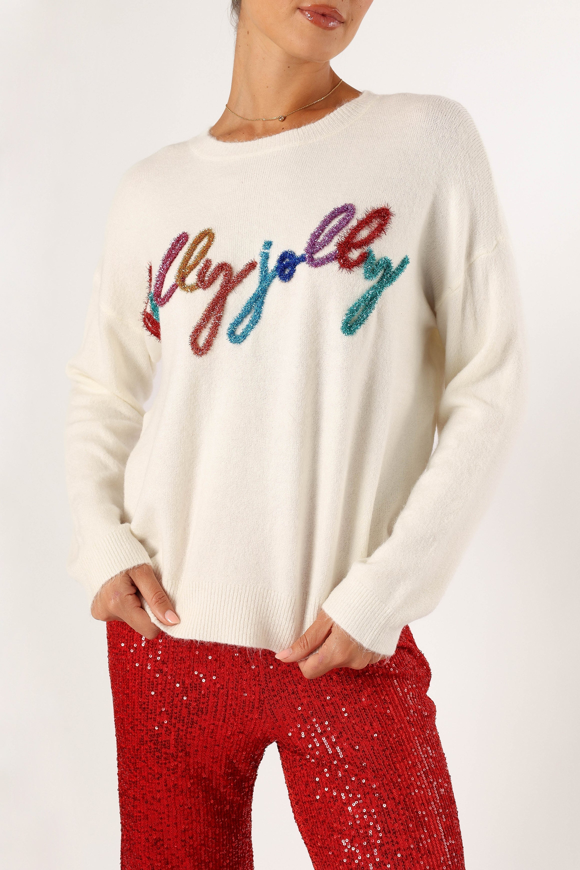Holly Jolly Embellished Knit Sweater - Cream-Sunny Prom