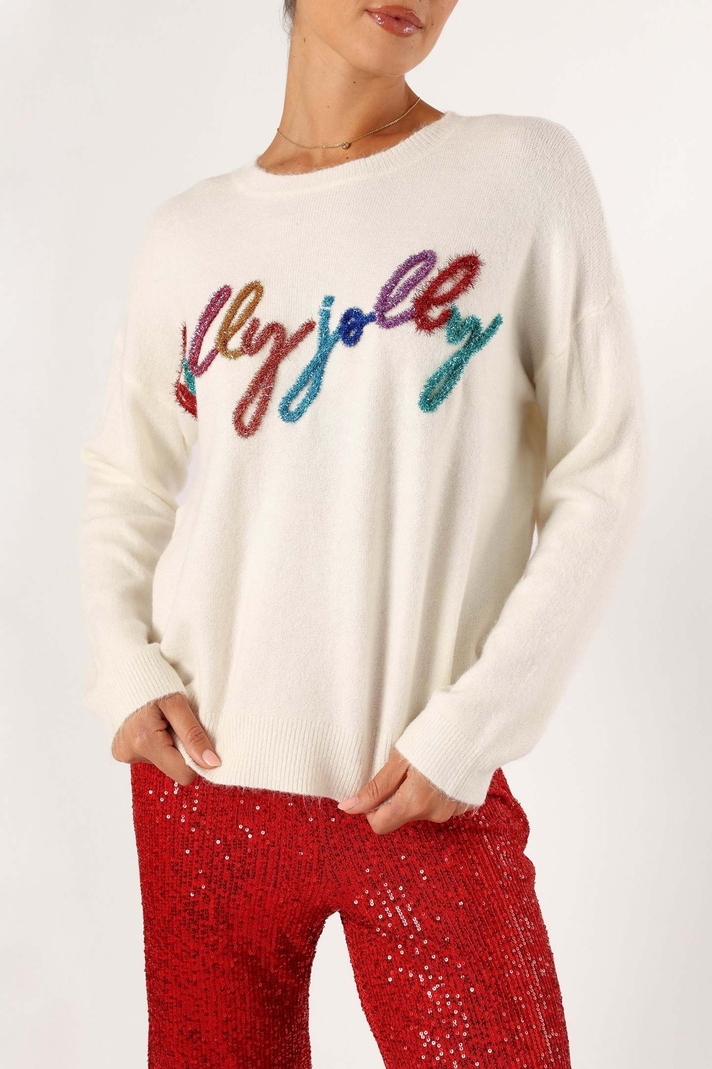 Holly Jolly Embellished Knit Sweater - Cream-Sunny Prom