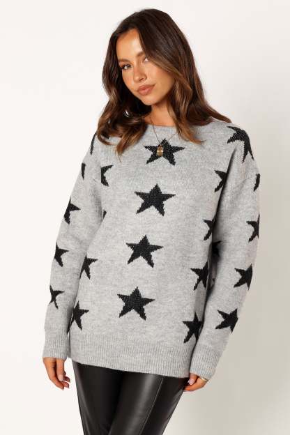 Janiyah Star Knit Sweater - Grey Black-Sunny Prom