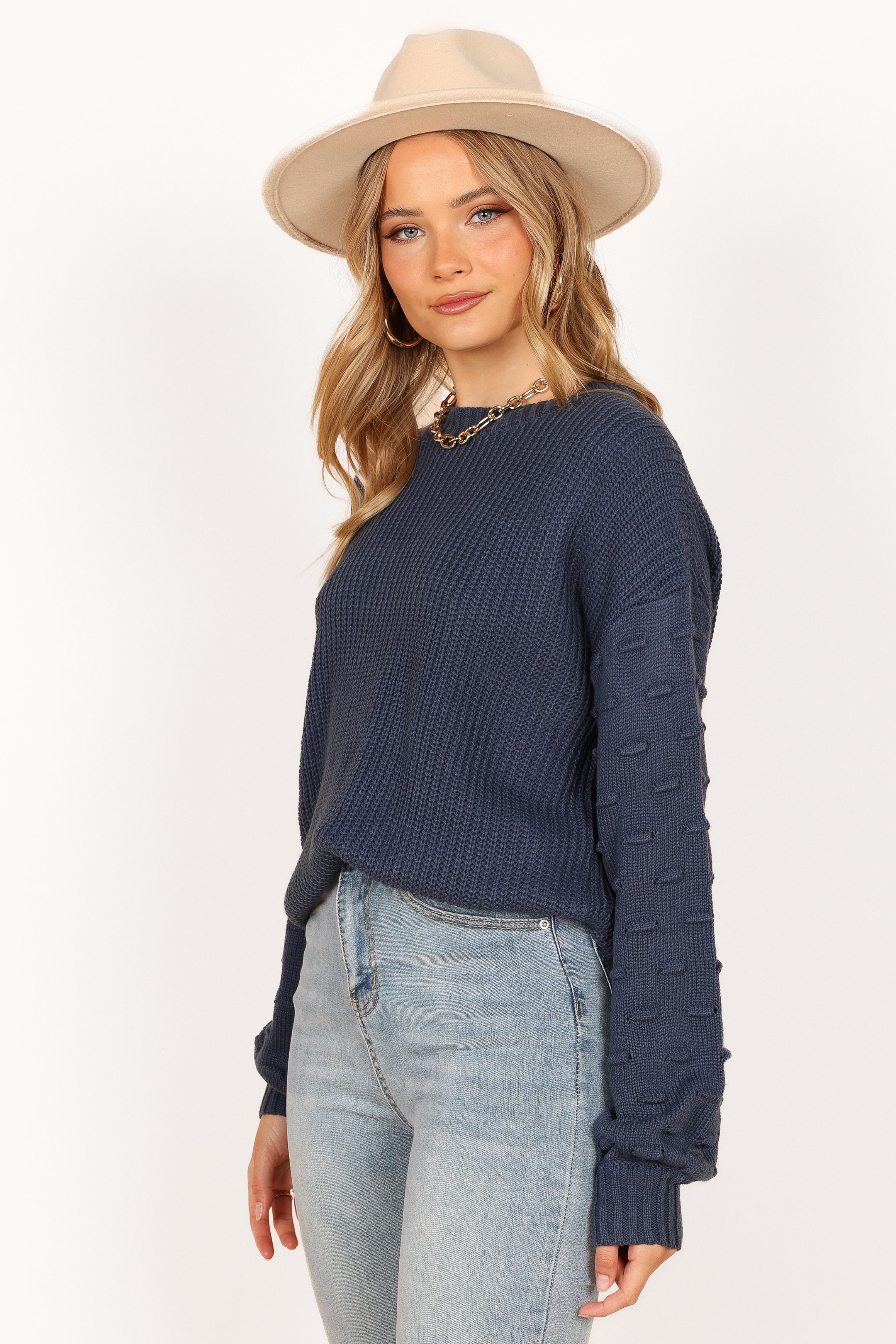 Katrina Textured Sleeve Crewneck Knit Sweater - Midnight Blue-Sunny Prom