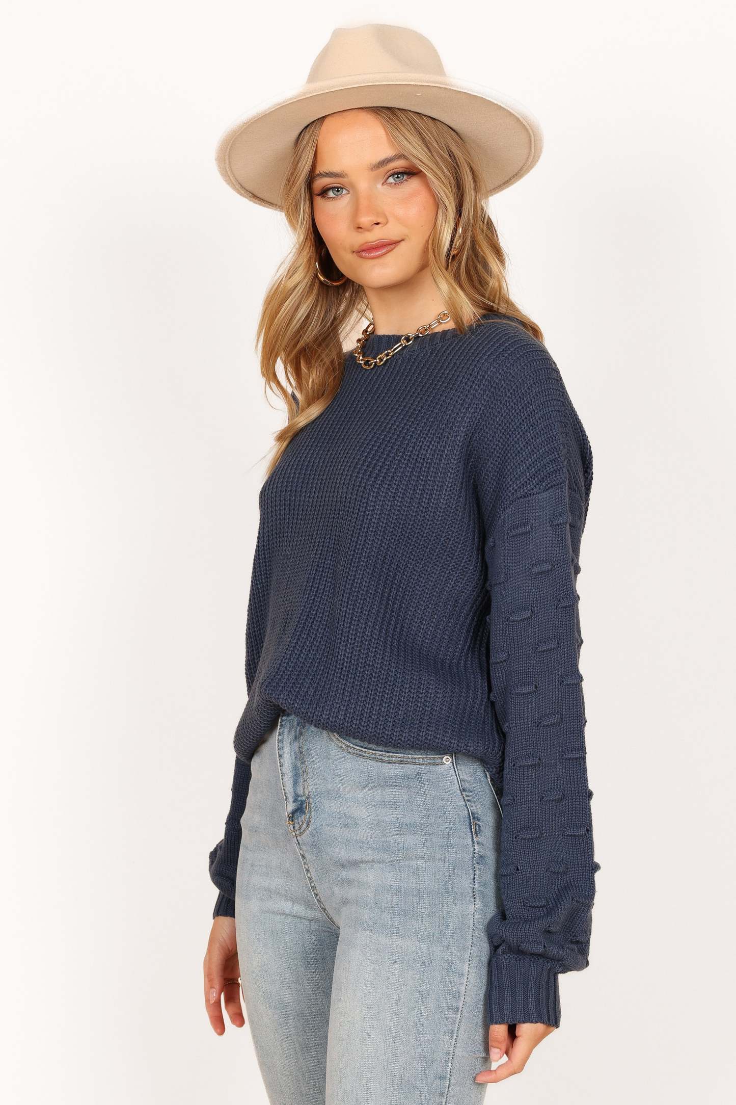 Katrina Textured Sleeve Crewneck Knit Sweater - Midnight Blue-Sunny Prom