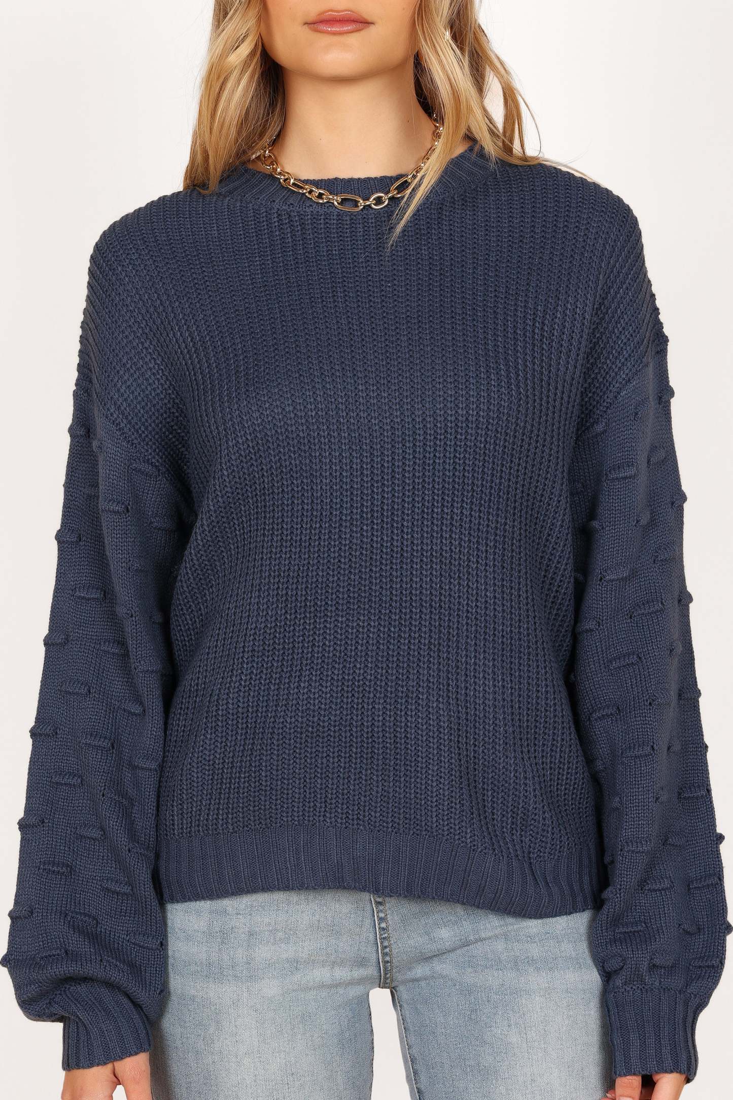 Katrina Textured Sleeve Crewneck Knit Sweater - Midnight Blue-Sunny Prom