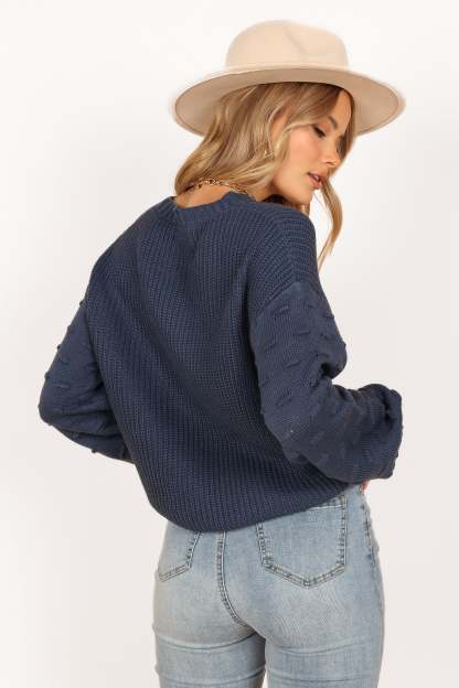 Katrina Textured Sleeve Crewneck Knit Sweater - Midnight Blue-Sunny Prom