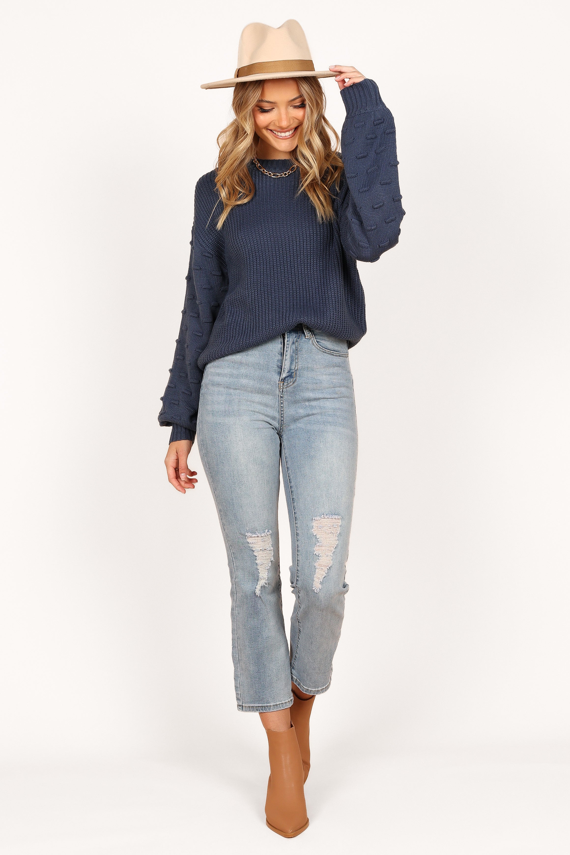 Katrina Textured Sleeve Crewneck Knit Sweater - Midnight Blue-Sunny Prom
