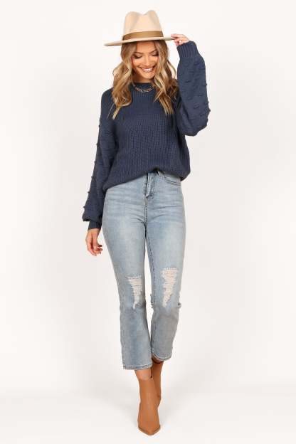Katrina Textured Sleeve Crewneck Knit Sweater - Midnight Blue-Sunny Prom