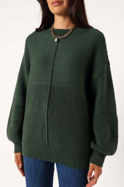 Meredith Ribbed Crewneck Knit Sweater - Green-Sunny Prom