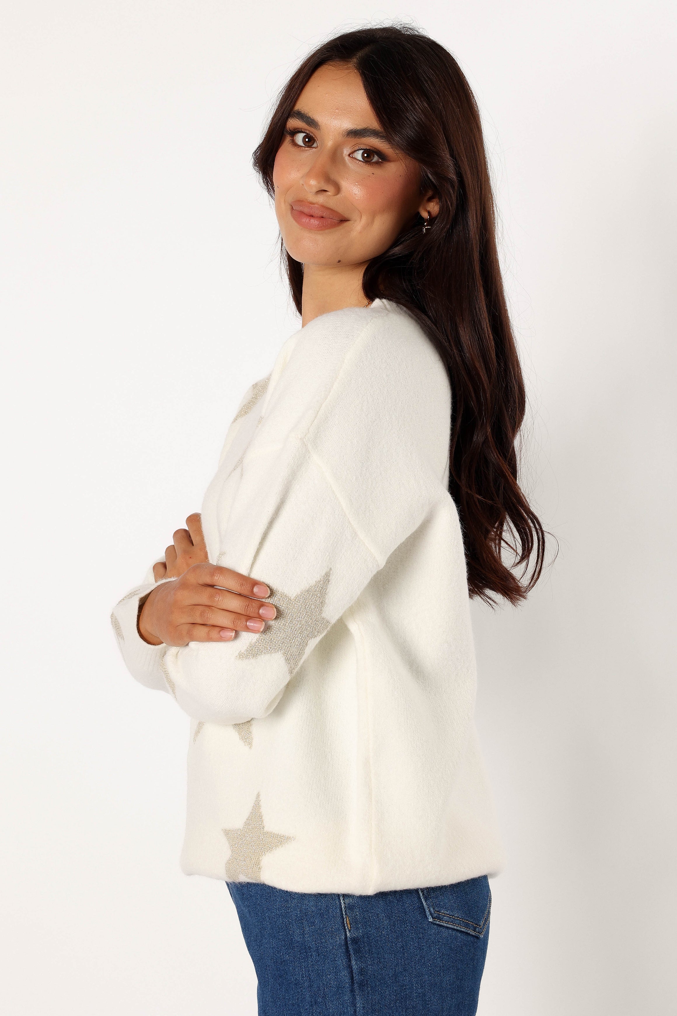 Rosalina Crewneck Shimmer Star Knit Sweater - Cream-Sunny Prom