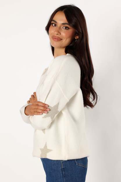 Rosalina Crewneck Shimmer Star Knit Sweater - Cream-Sunny Prom