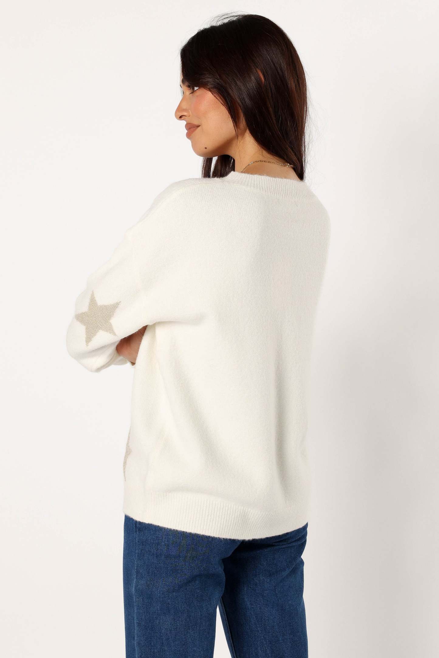 Rosalina Crewneck Shimmer Star Knit Sweater - Cream-Sunny Prom