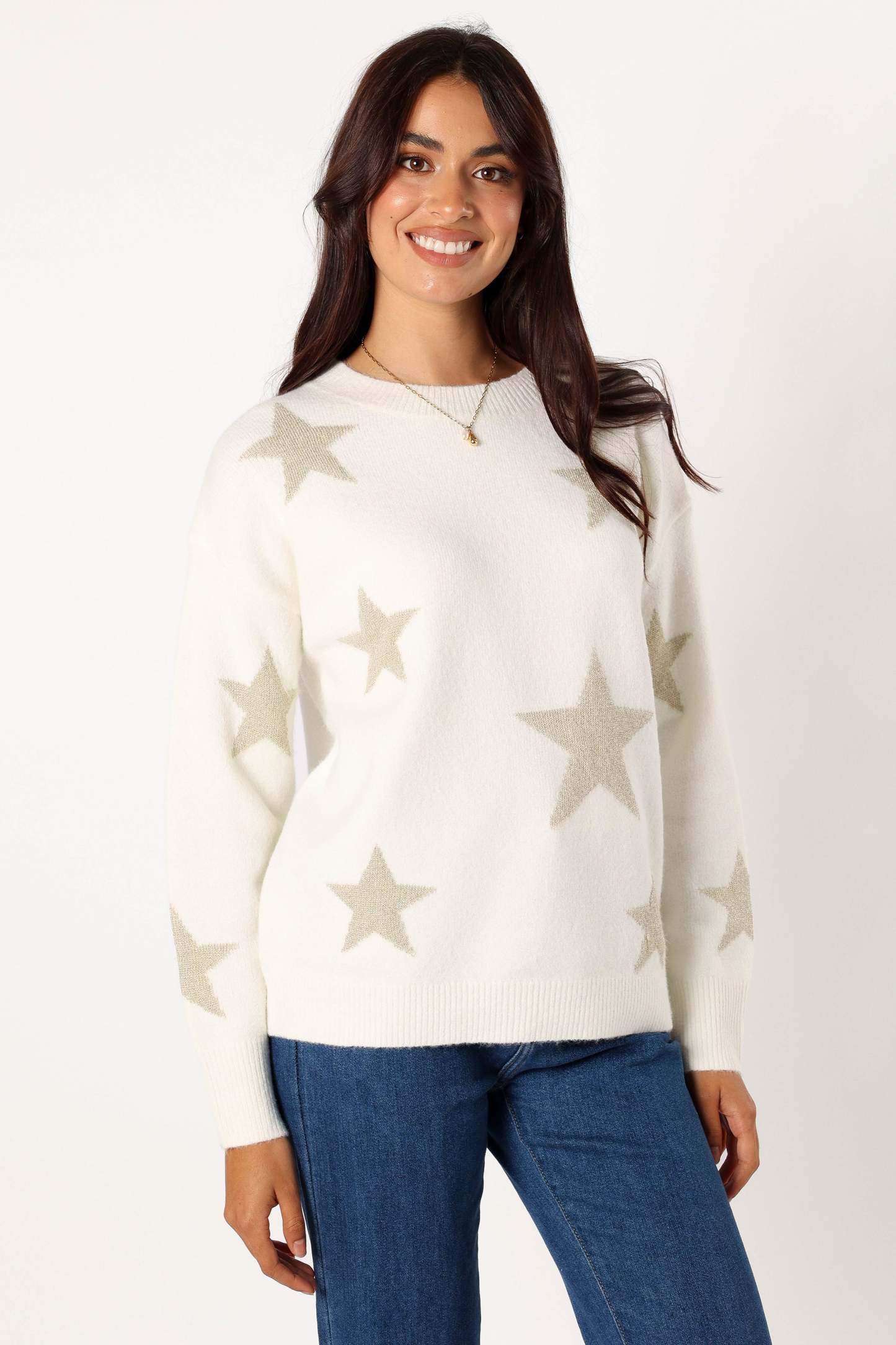 Rosalina Crewneck Shimmer Star Knit Sweater - Cream-Sunny Prom