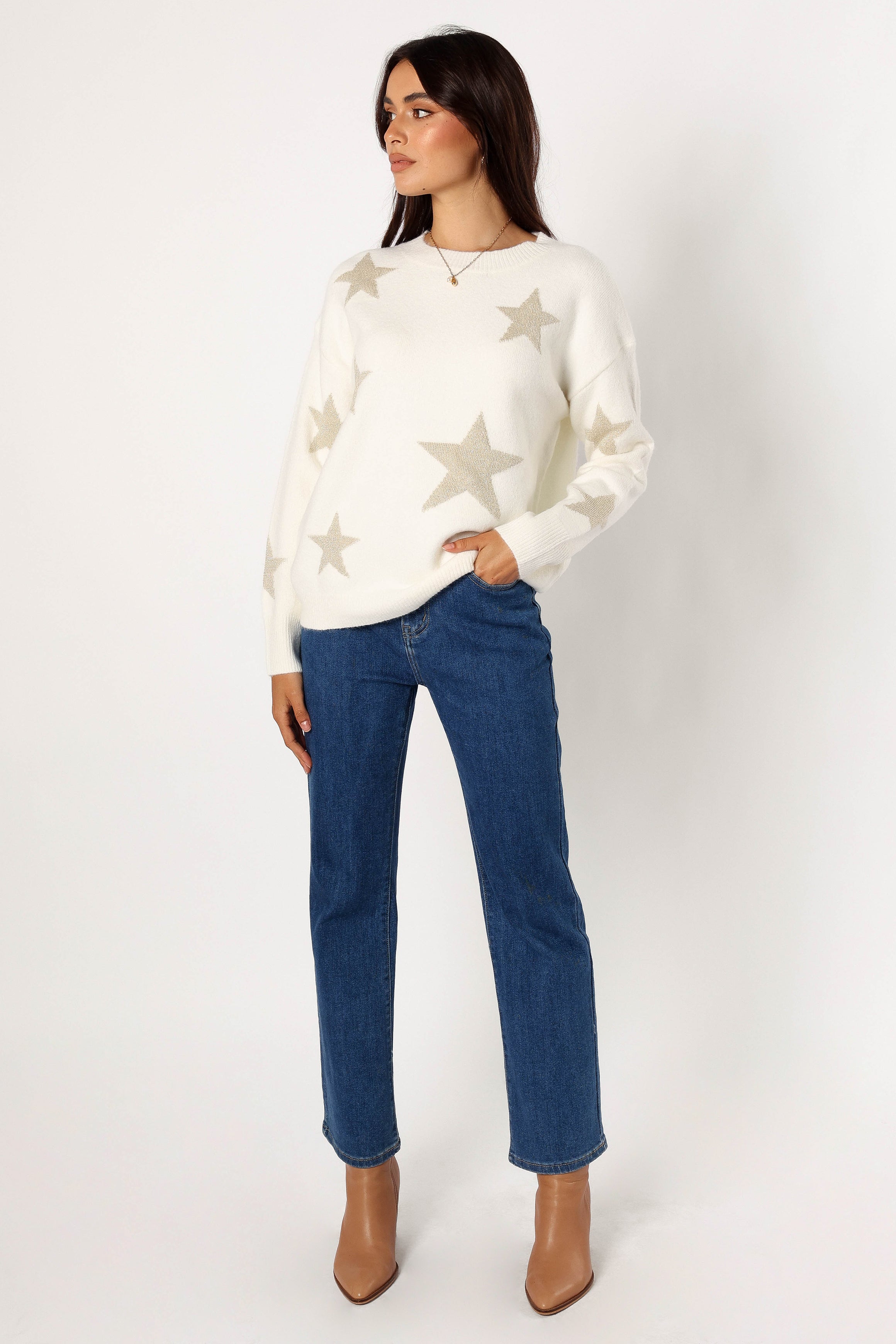Rosalina Crewneck Shimmer Star Knit Sweater - Cream-Sunny Prom