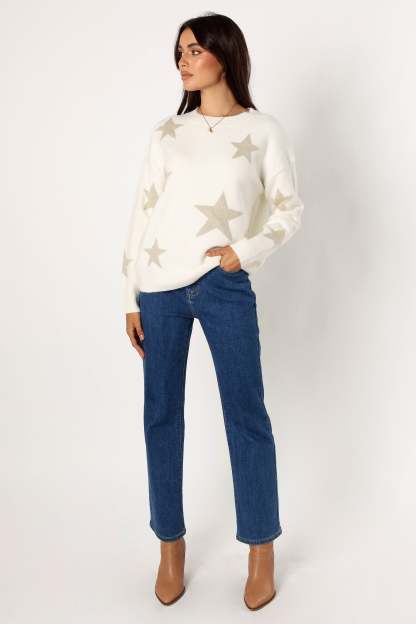 Rosalina Crewneck Shimmer Star Knit Sweater - Cream-Sunny Prom