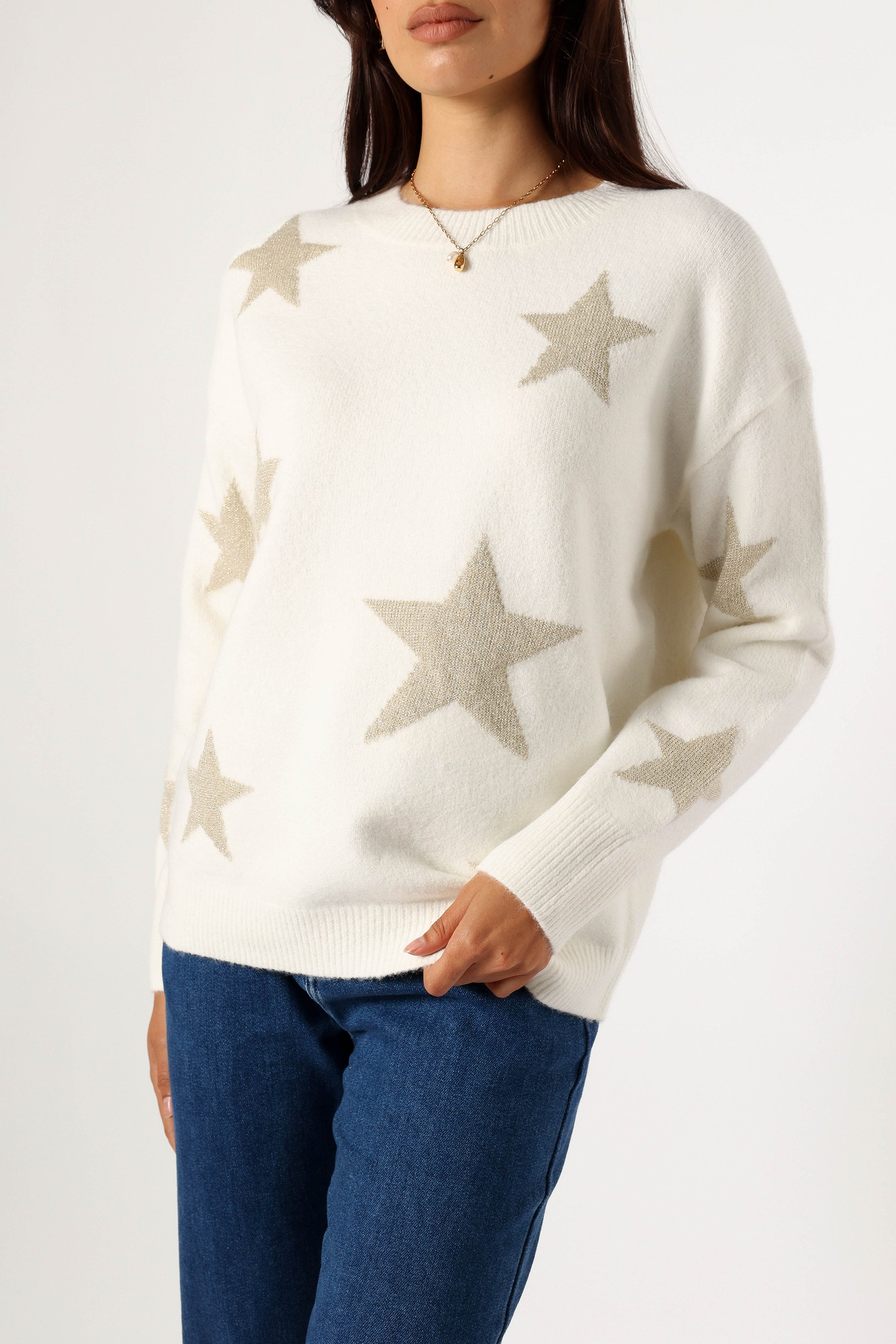 Rosalina Crewneck Shimmer Star Knit Sweater - Cream-Sunny Prom