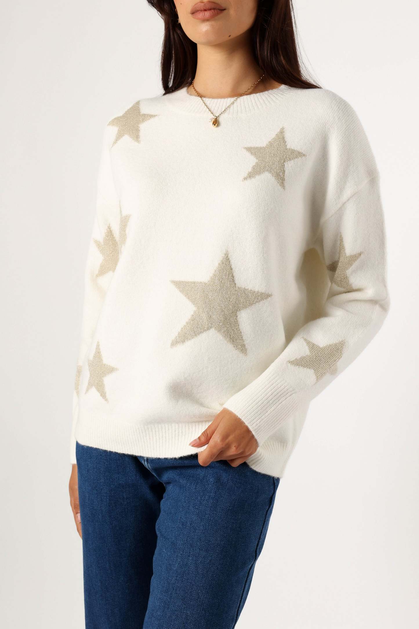 Rosalina Crewneck Shimmer Star Knit Sweater - Cream-Sunny Prom