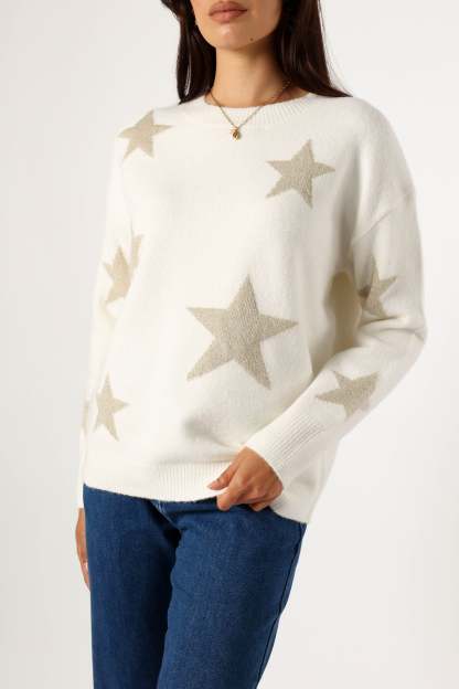 Rosalina Crewneck Shimmer Star Knit Sweater - Cream-Sunny Prom