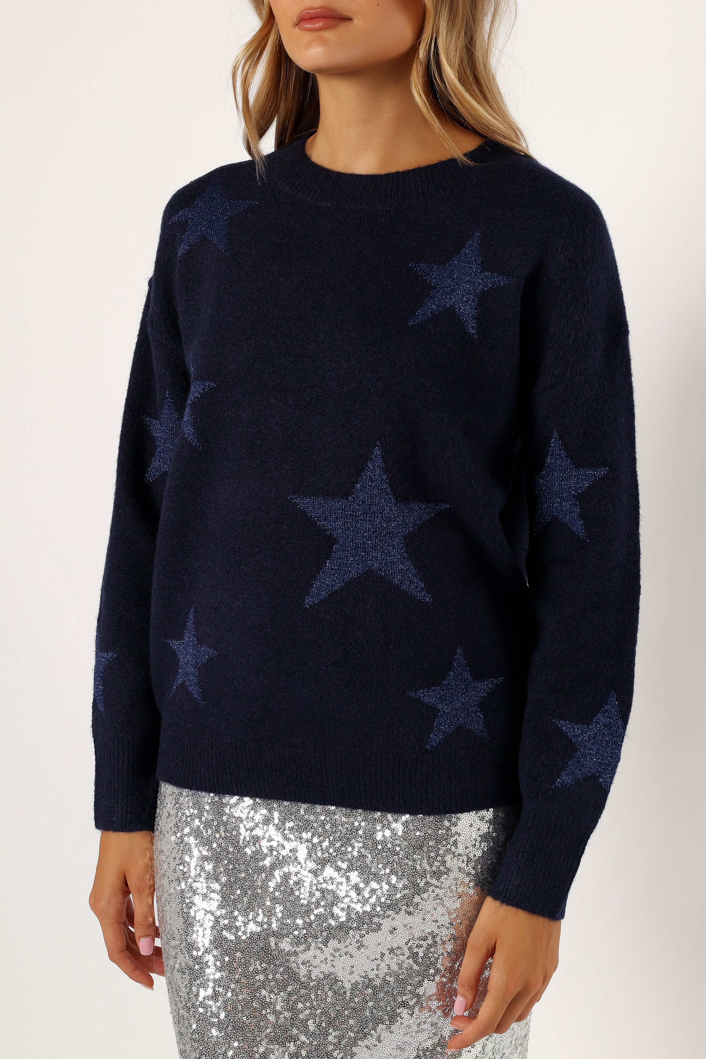 Rosalina Crewneck Shimmer Star Knit Sweater - Navy-Sunny Prom