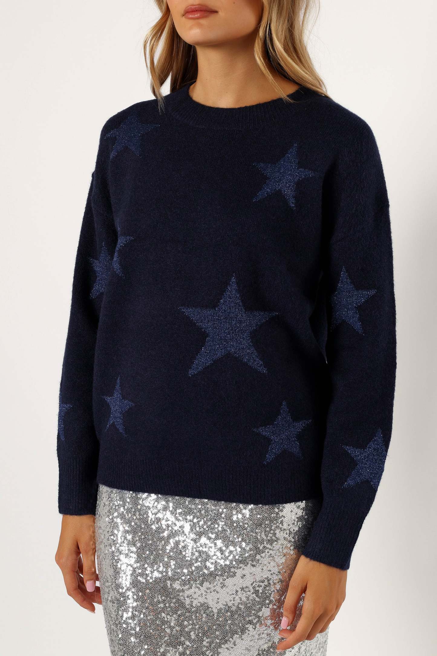 Rosalina Crewneck Shimmer Star Knit Sweater - Navy-Sunny Prom