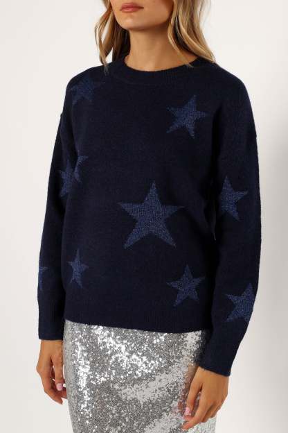 Rosalina Crewneck Shimmer Star Knit Sweater - Navy-Sunny Prom