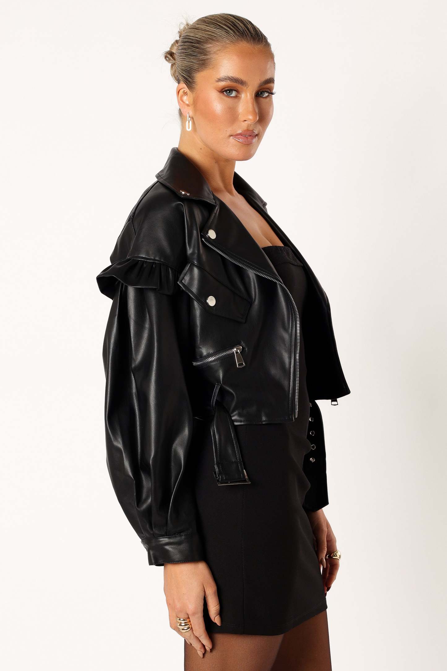Hanna Ruffle Sleeve Faux Leather Jacket - Black-Sunny Prom