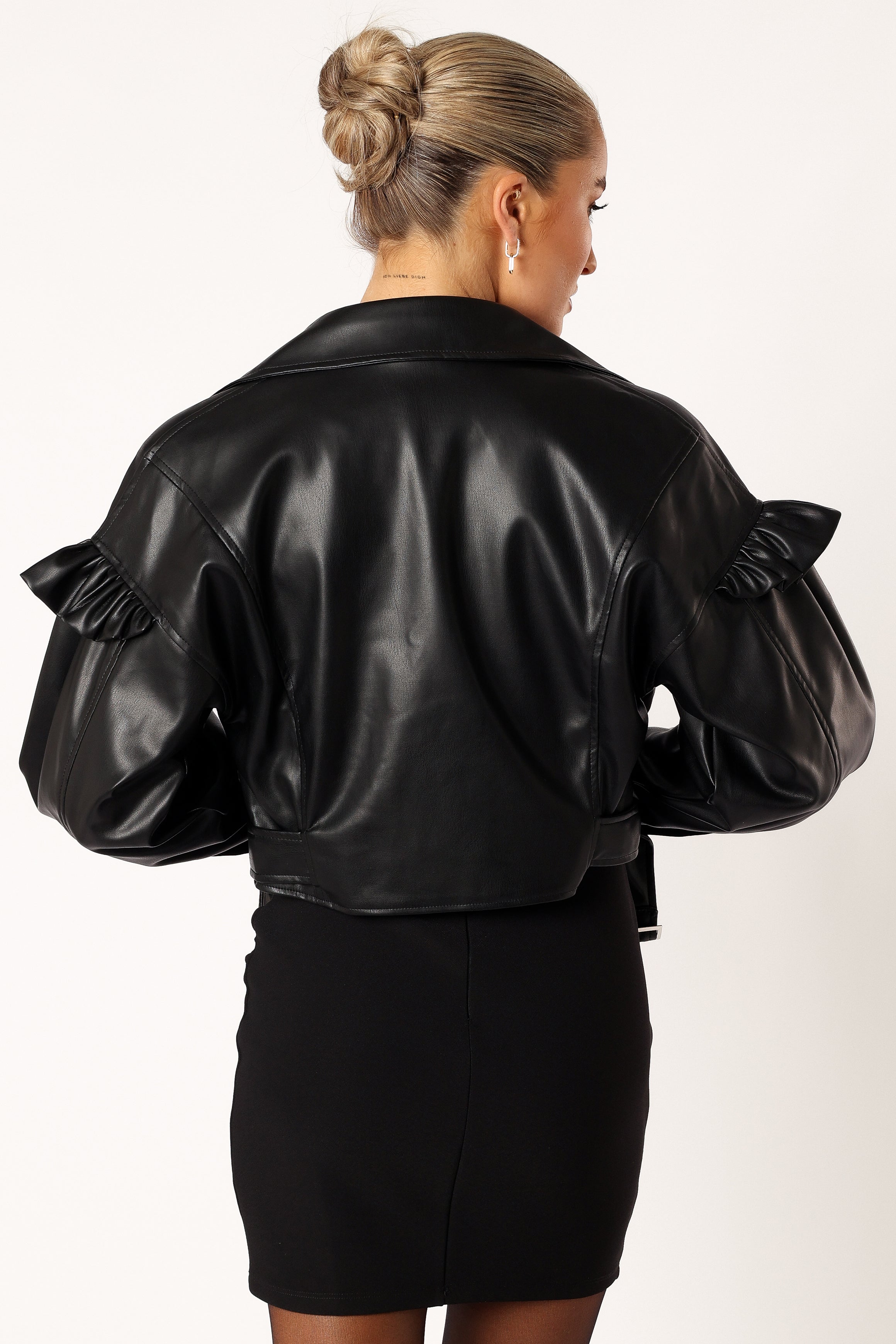 Hanna Ruffle Sleeve Faux Leather Jacket - Black-Sunny Prom