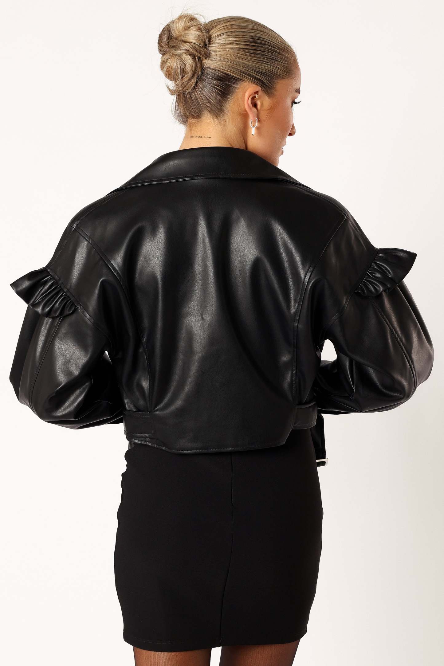 Hanna Ruffle Sleeve Faux Leather Jacket - Black-Sunny Prom