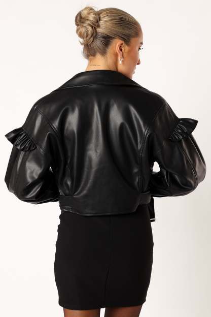 Hanna Ruffle Sleeve Faux Leather Jacket - Black-Sunny Prom