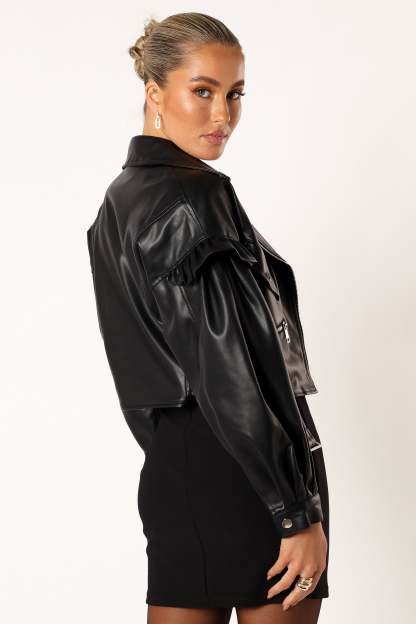 Hanna Ruffle Sleeve Faux Leather Jacket - Black-Sunny Prom