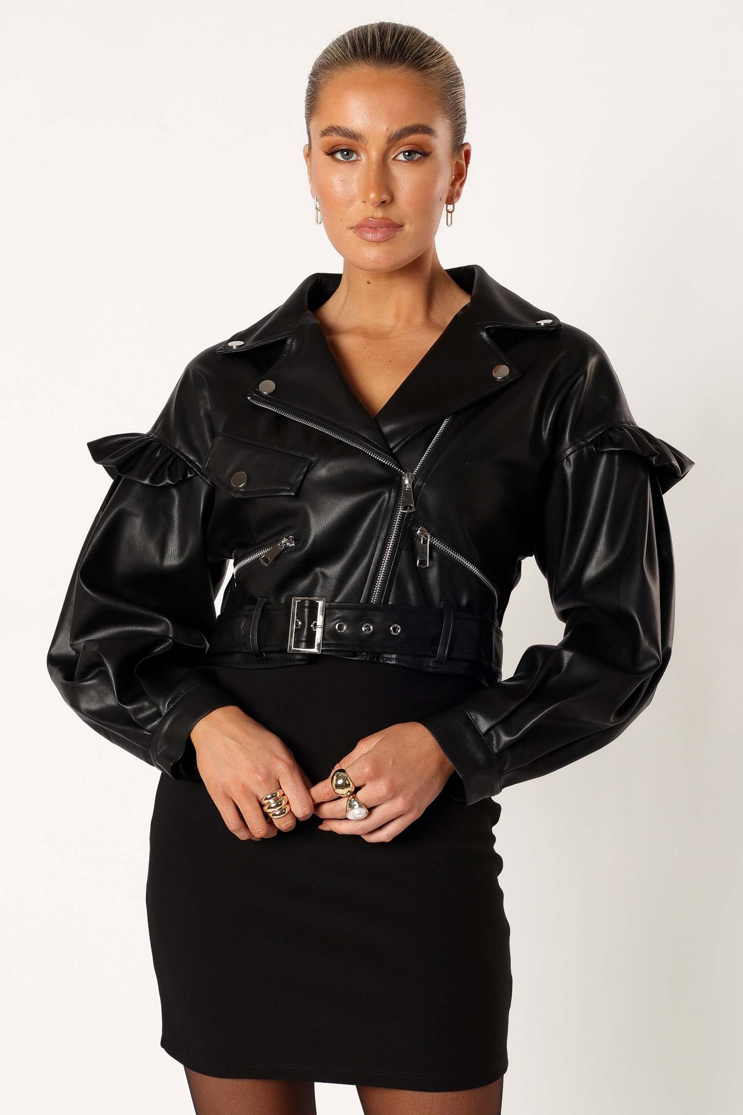 Hanna Ruffle Sleeve Faux Leather Jacket - Black-Sunny Prom