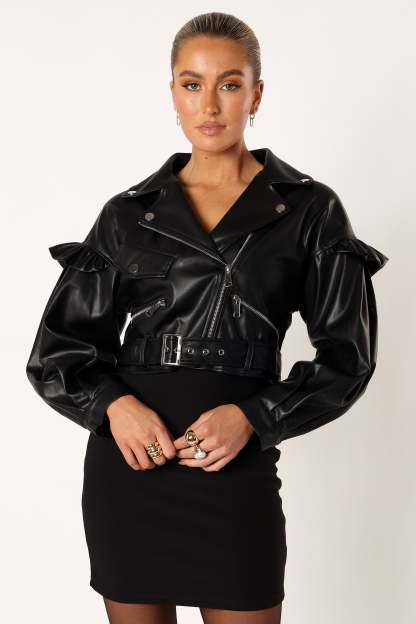 Hanna Ruffle Sleeve Faux Leather Jacket - Black-Sunny Prom