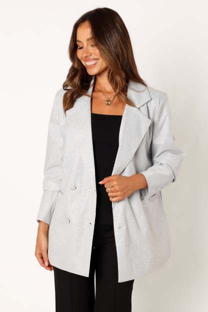 Kensley Shimmer Double Button Blazer - Silver-Sunny Prom