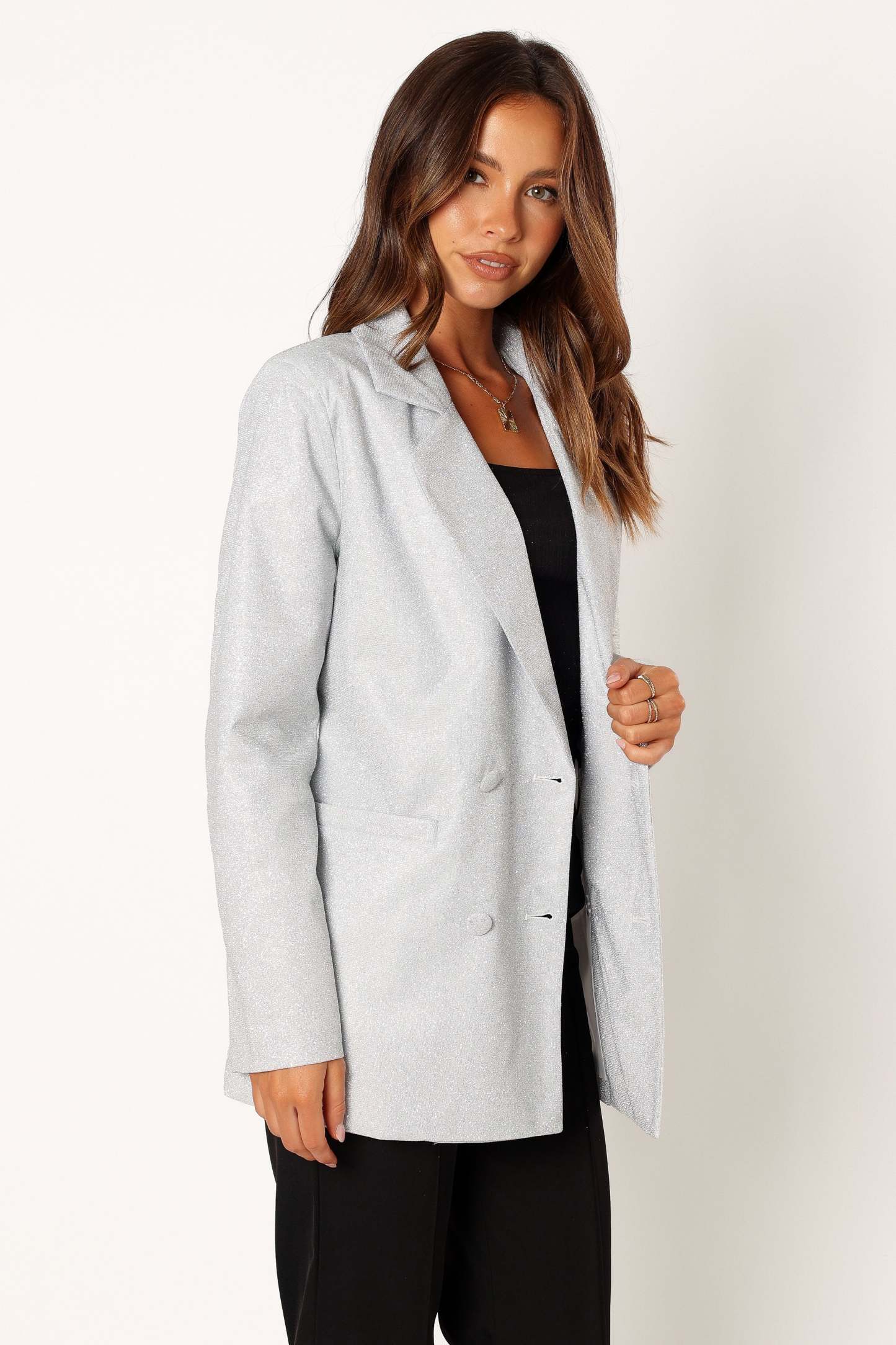 Kensley Shimmer Double Button Blazer - Silver-Sunny Prom
