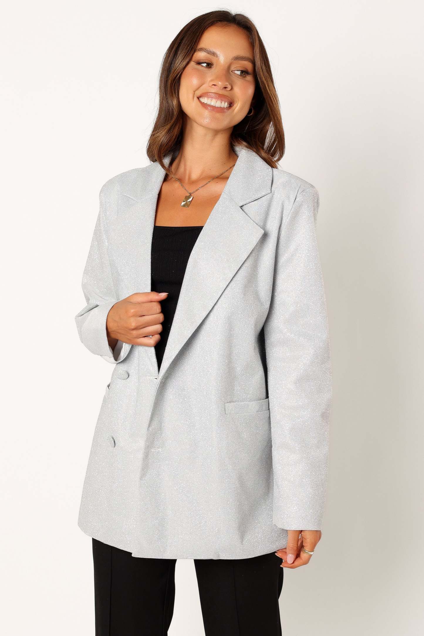 Kensley Shimmer Double Button Blazer - Silver-Sunny Prom