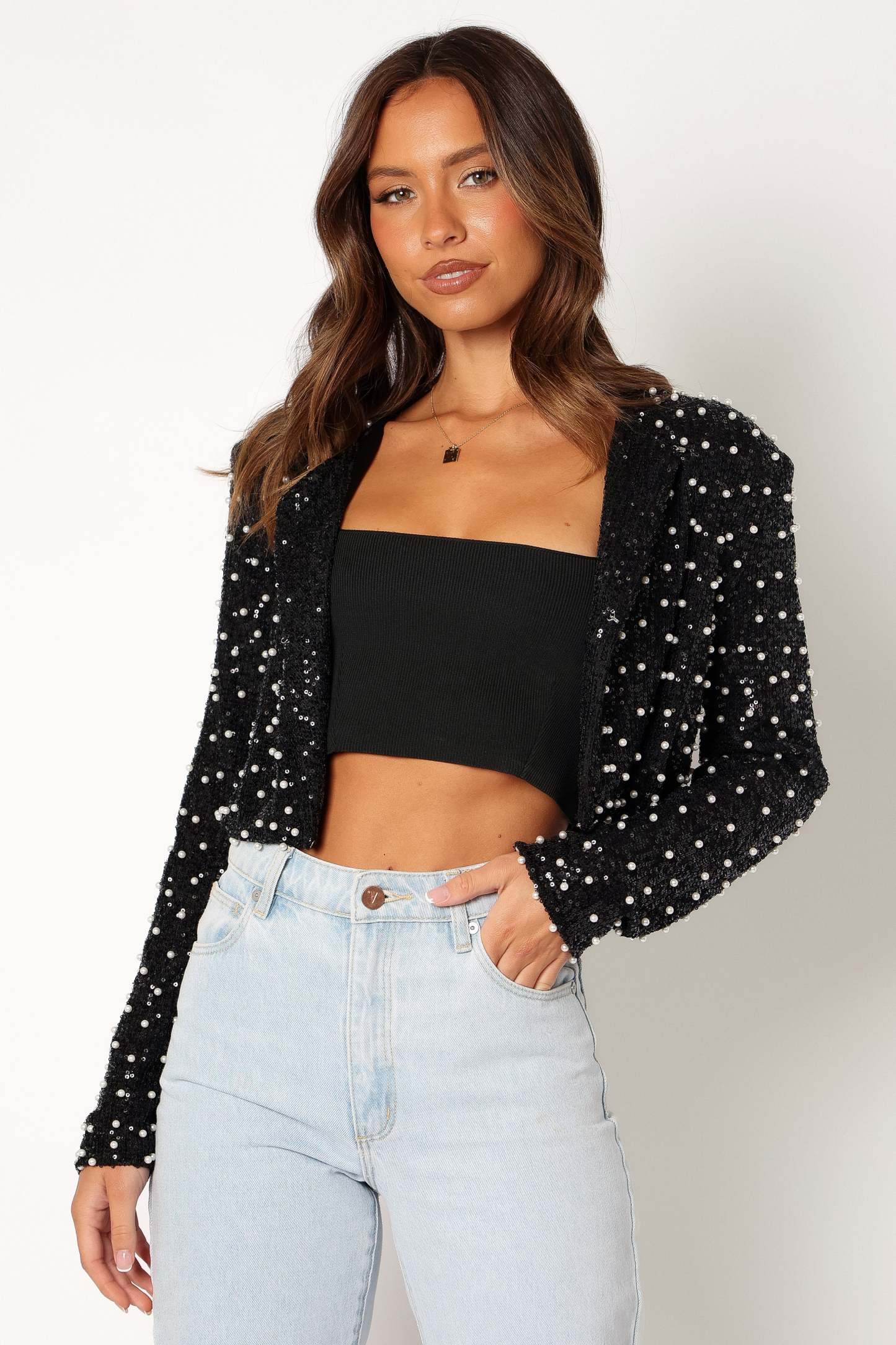 Monica All Over Pearl Crop Jacket - Black-Sunny Prom