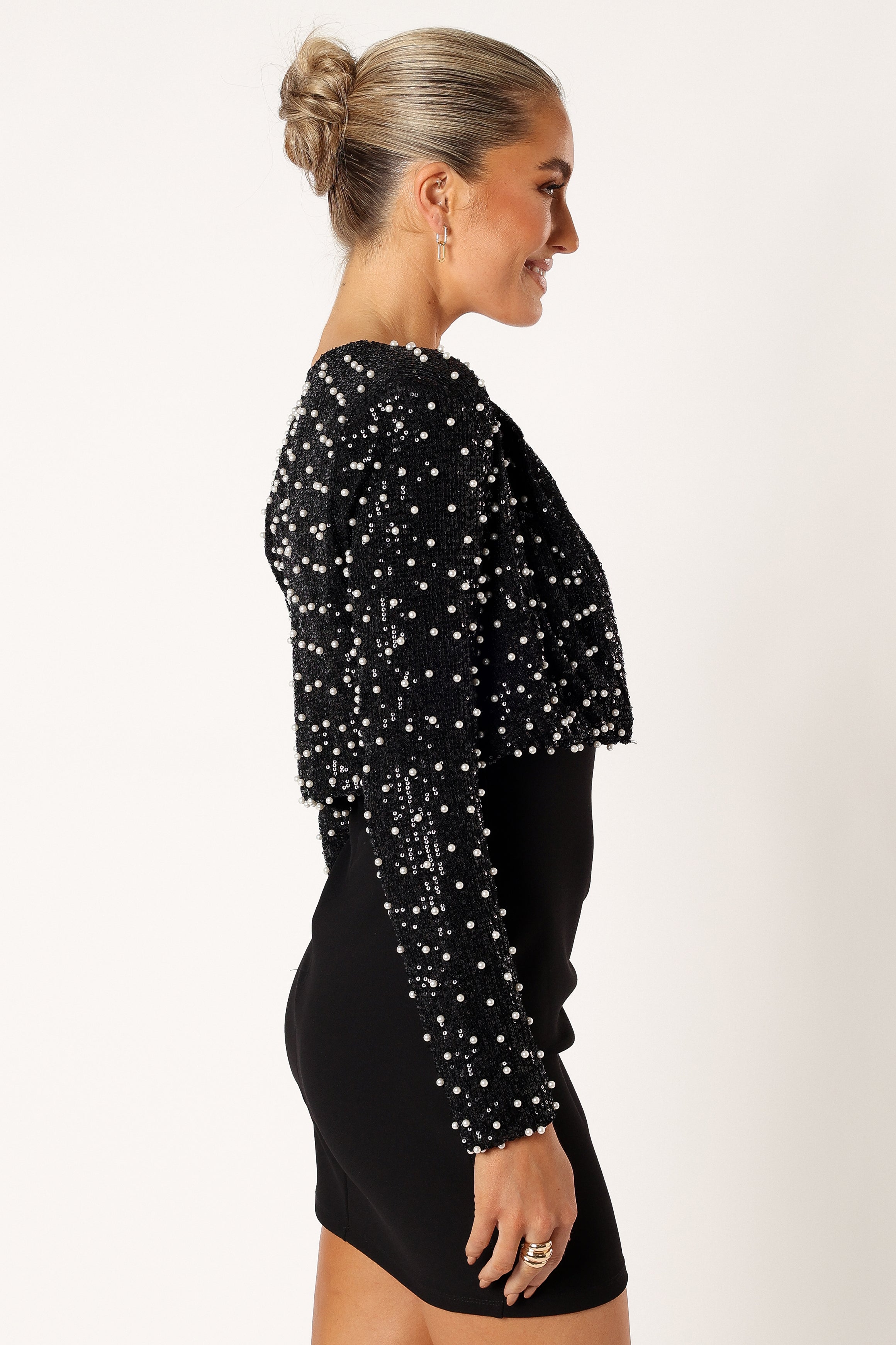 Monica All Over Pearl Crop Jacket - Black-Sunny Prom