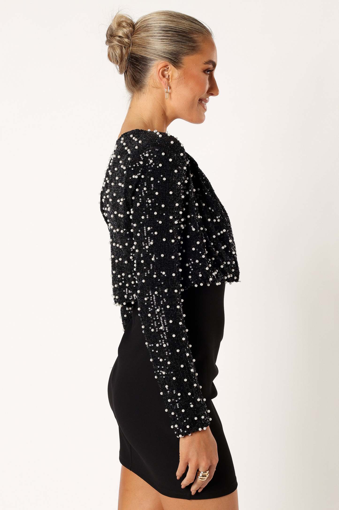 Monica All Over Pearl Crop Jacket - Black-Sunny Prom