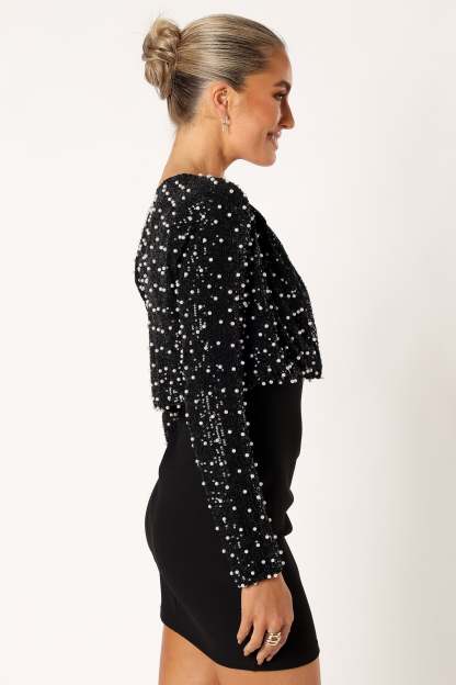 Monica All Over Pearl Crop Jacket - Black-Sunny Prom