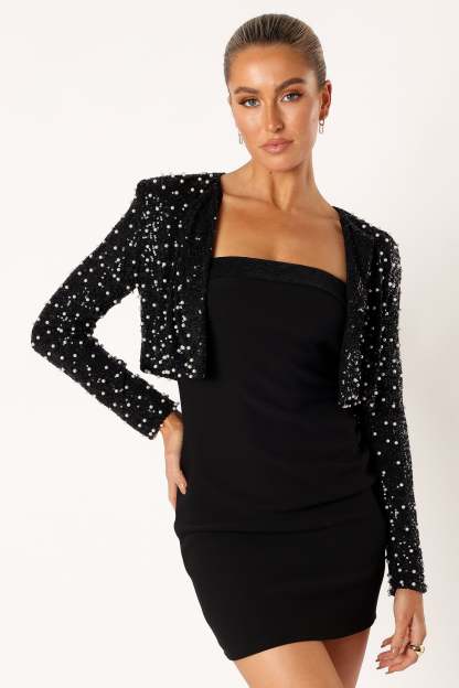 Monica All Over Pearl Crop Jacket - Black-Sunny Prom
