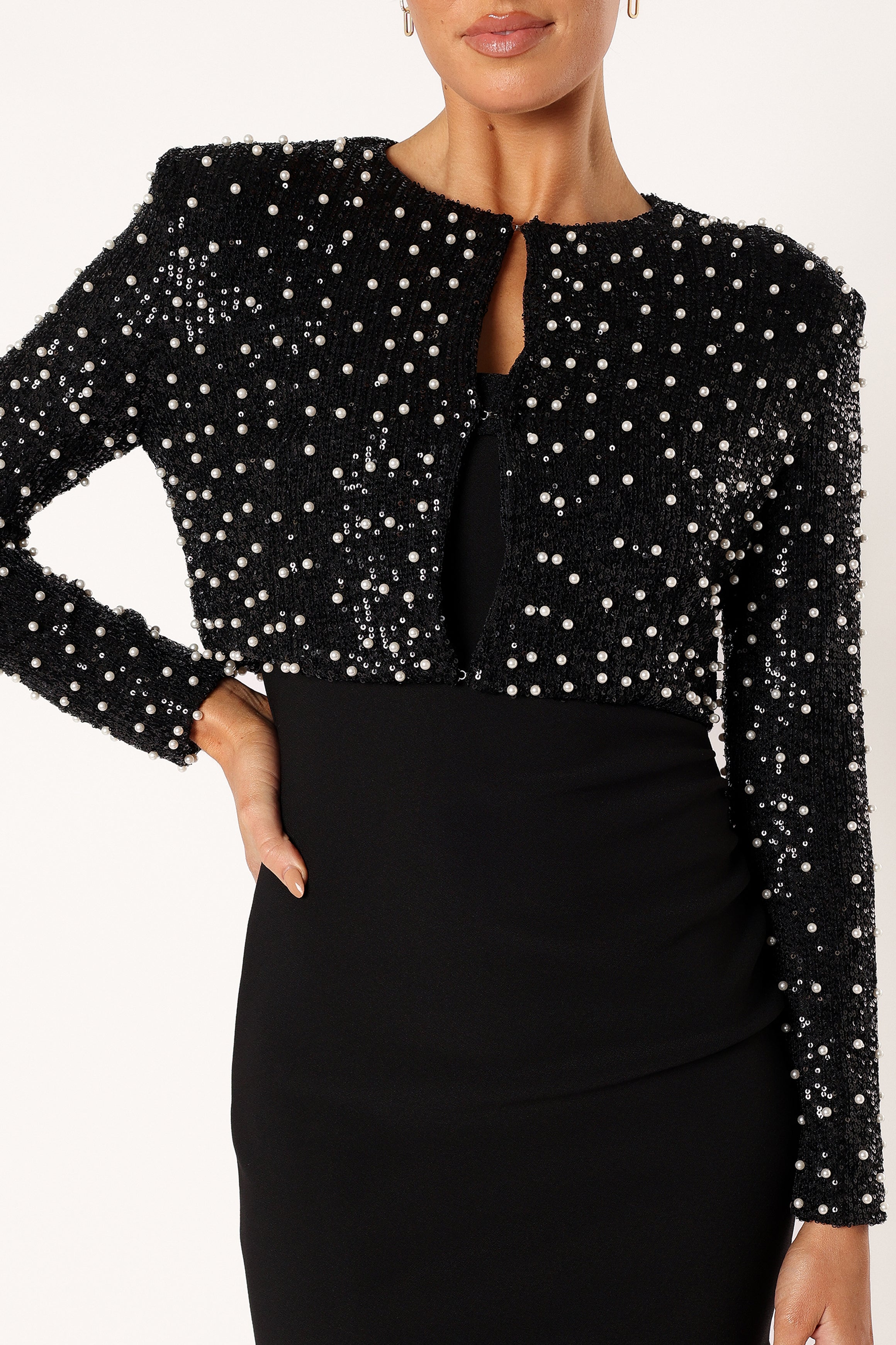 Monica All Over Pearl Crop Jacket - Black-Sunny Prom