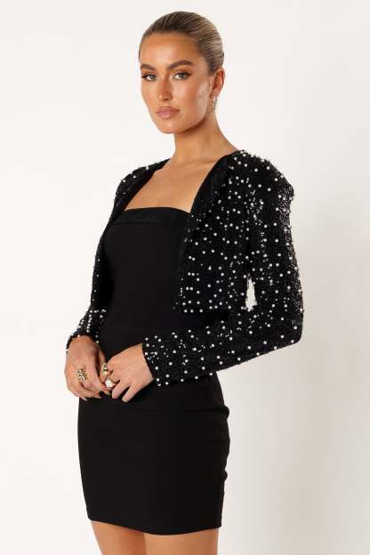 Monica All Over Pearl Crop Jacket - Black-Sunny Prom