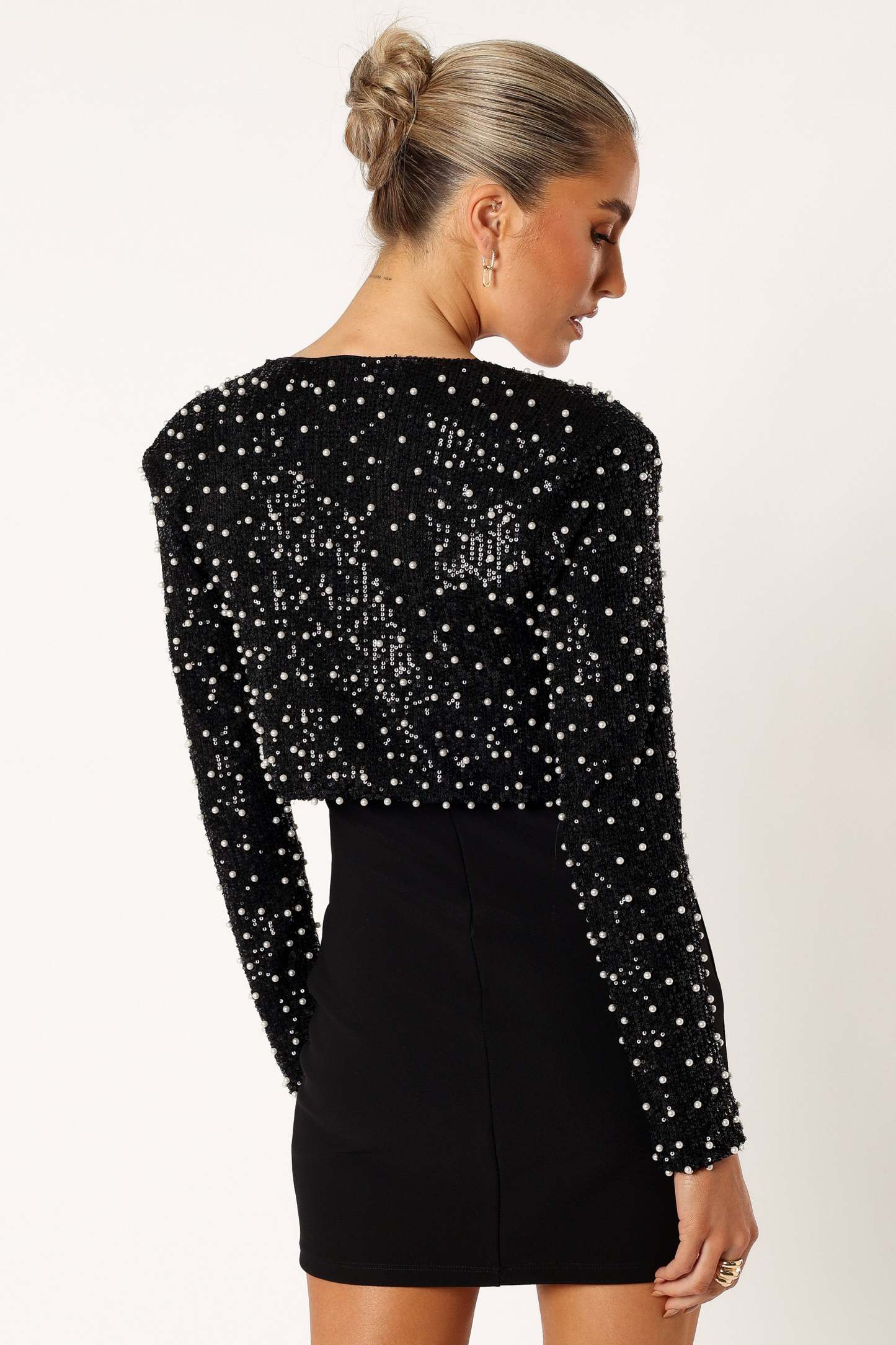 Monica All Over Pearl Crop Jacket - Black-Sunny Prom