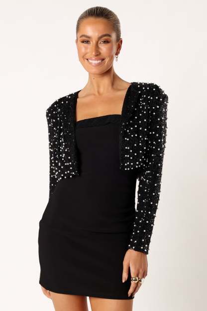 Monica All Over Pearl Crop Jacket - Black-Sunny Prom