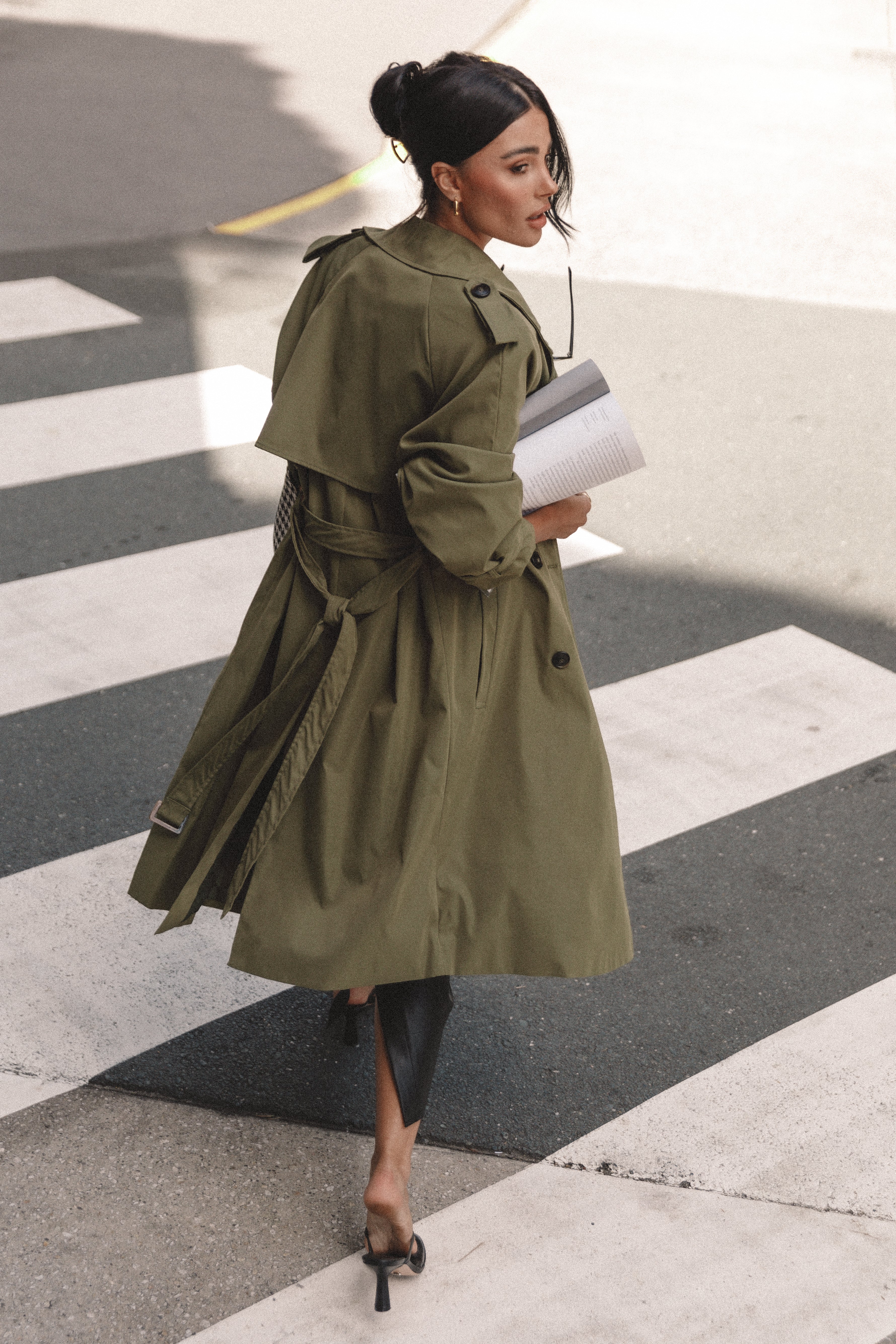 Trina Button Front Trench Coat - Olive-Sunny Prom