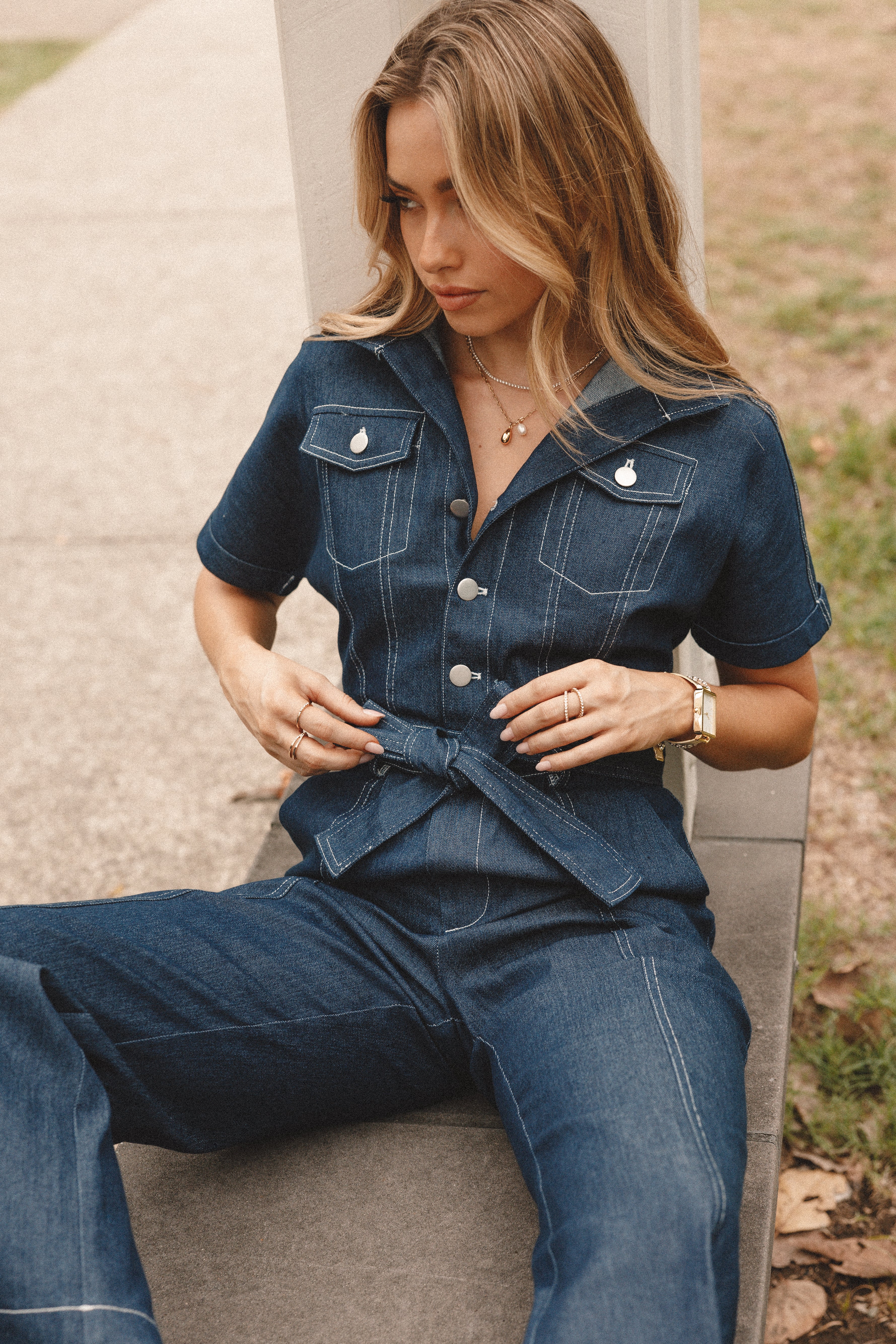 Demi Contrast Stitch Jumpsuit - Dark Denim-Sunny Prom