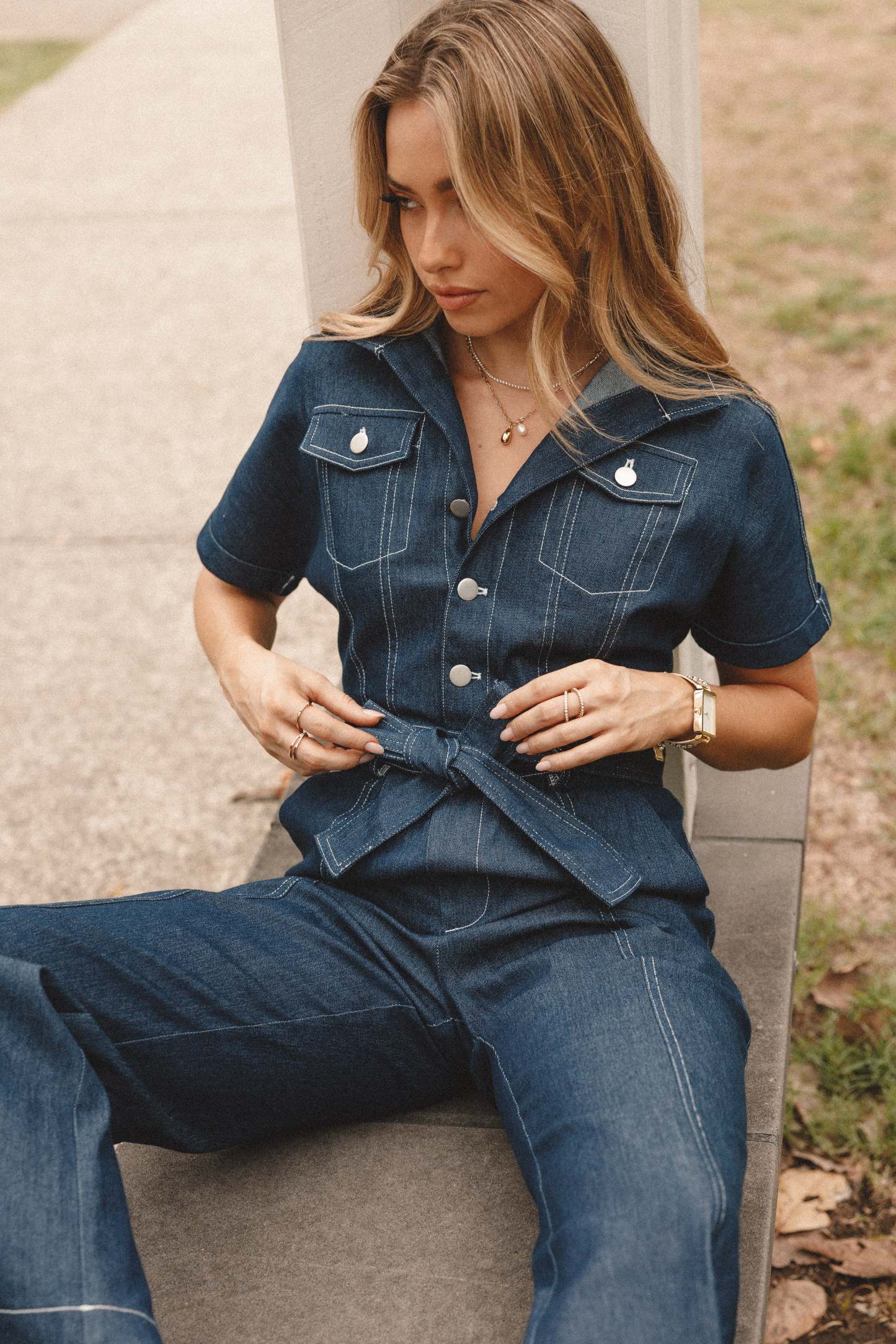 Demi Contrast Stitch Jumpsuit - Dark Denim-Sunny Prom