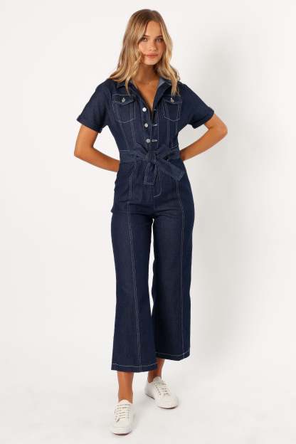 Demi Contrast Stitch Jumpsuit - Dark Denim-Sunny Prom