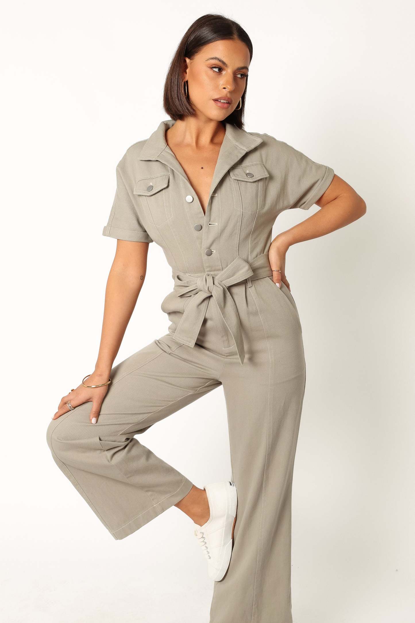 Demi Contrast Stitch Jumpsuit - Olive-Sunny Prom