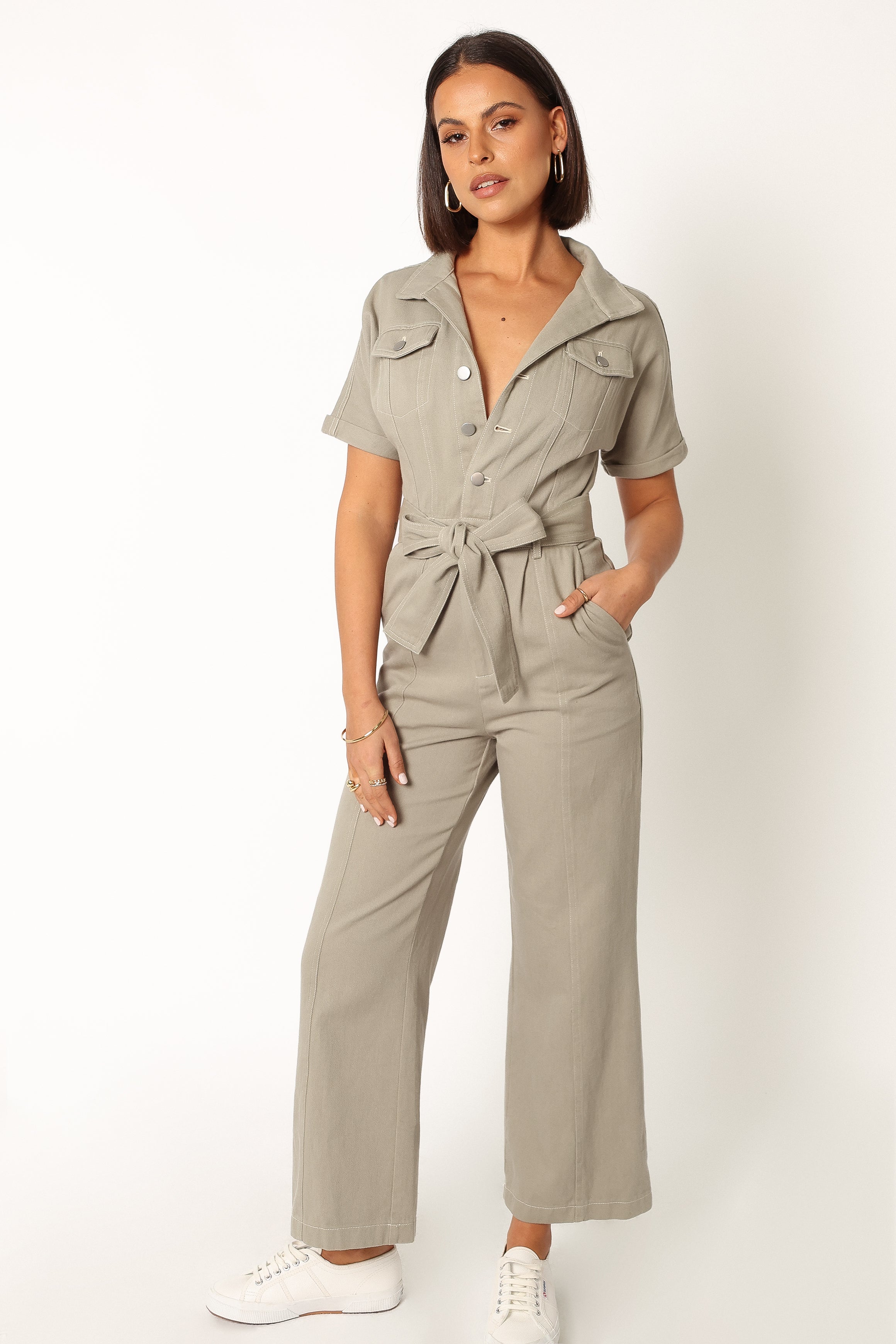 Demi Contrast Stitch Jumpsuit - Olive-Sunny Prom